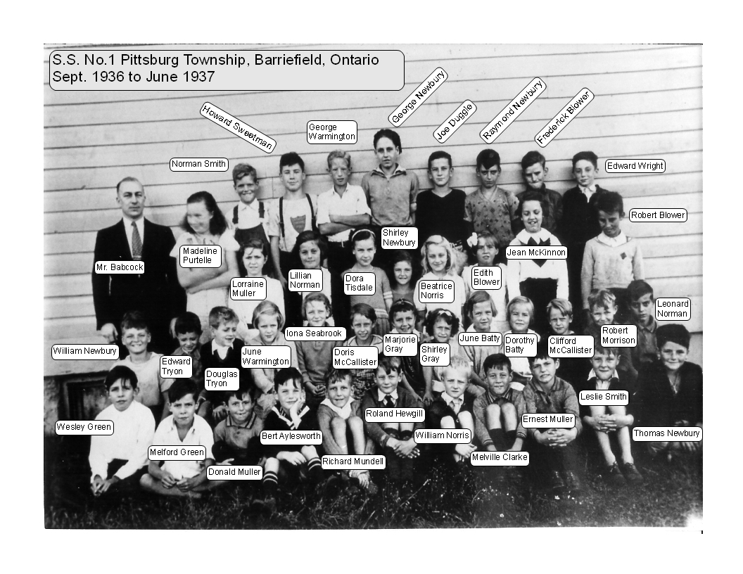 Class picture from Barriefield, S.S. No.1 Pittsburg Township, 1936-1937